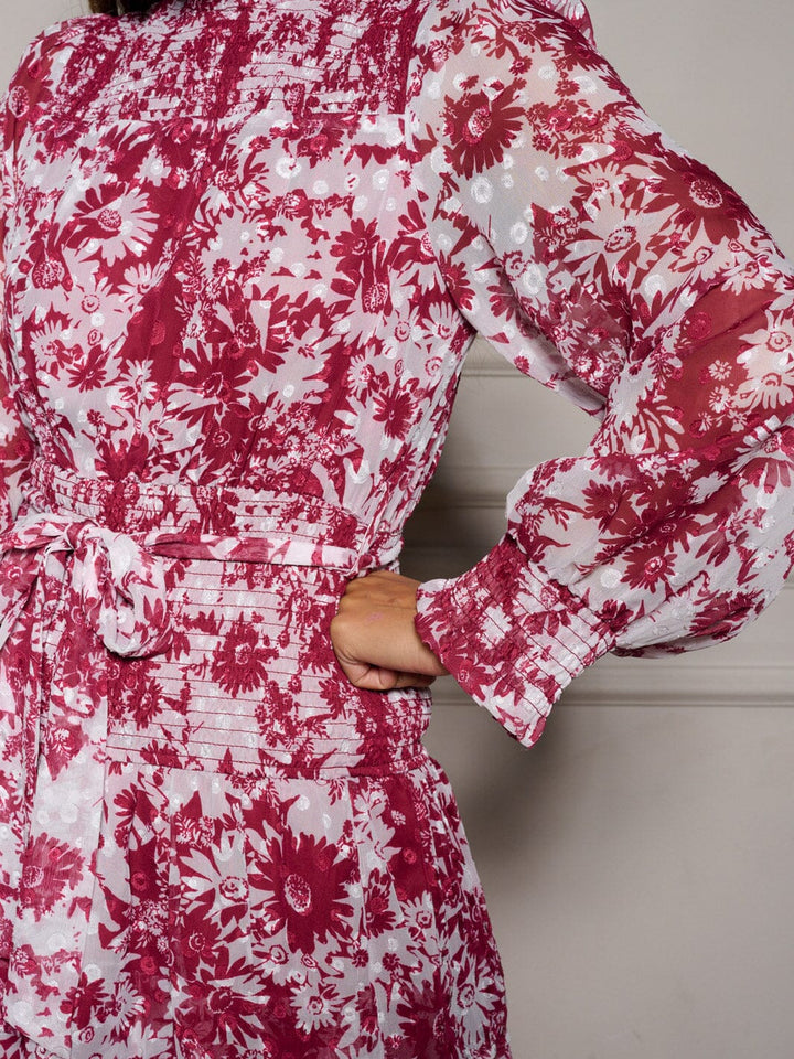 WOMEN'S LONG SLEEVE SELF TIE TIERED FLORAL MINI DRESS
