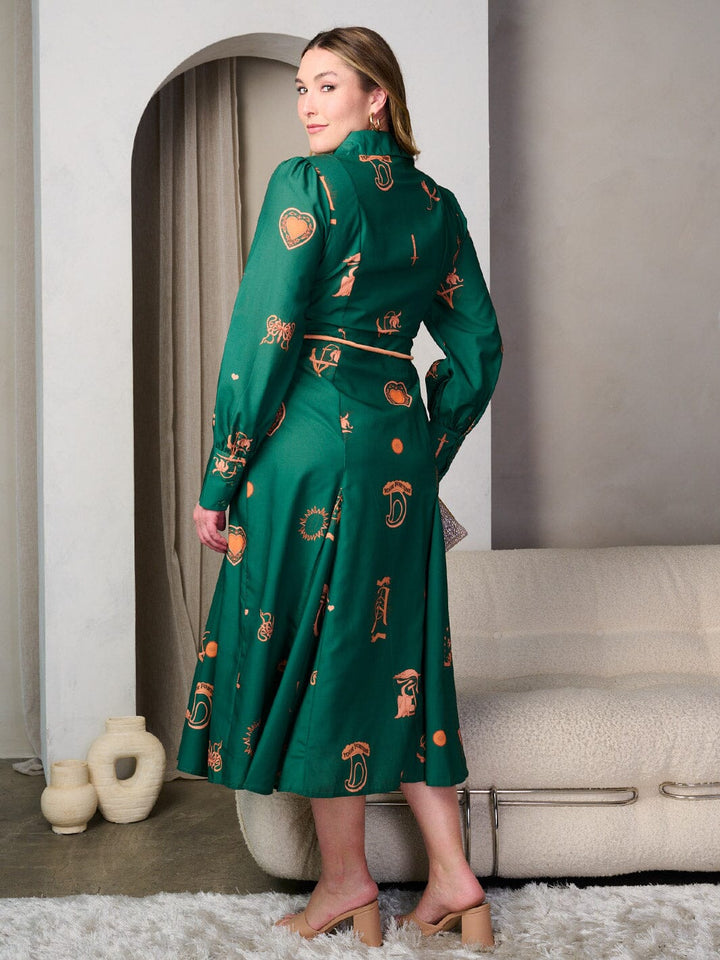 PLUS SIZE LONG SLEEVE BUTTON UP MULTI PRINT SELF TIE MIDI DRESS