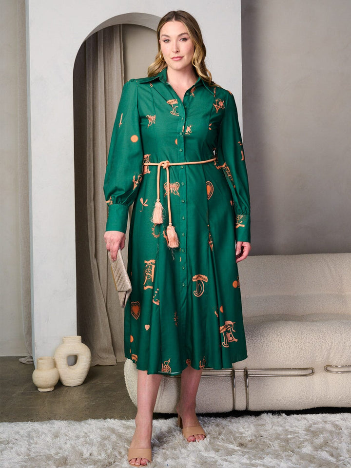 PLUS SIZE LONG SLEEVE BUTTON UP MULTI PRINT SELF TIE MIDI DRESS