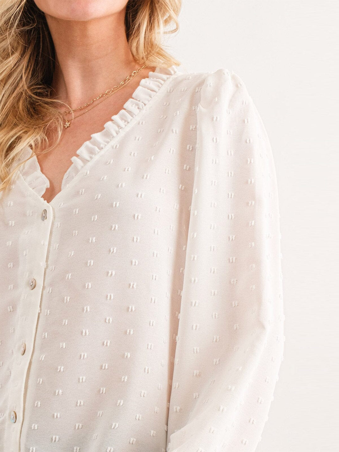 WOMEN'S LONG SLEEVE V-NECK BUTTON UP SWISS DETAILED BLOUSE