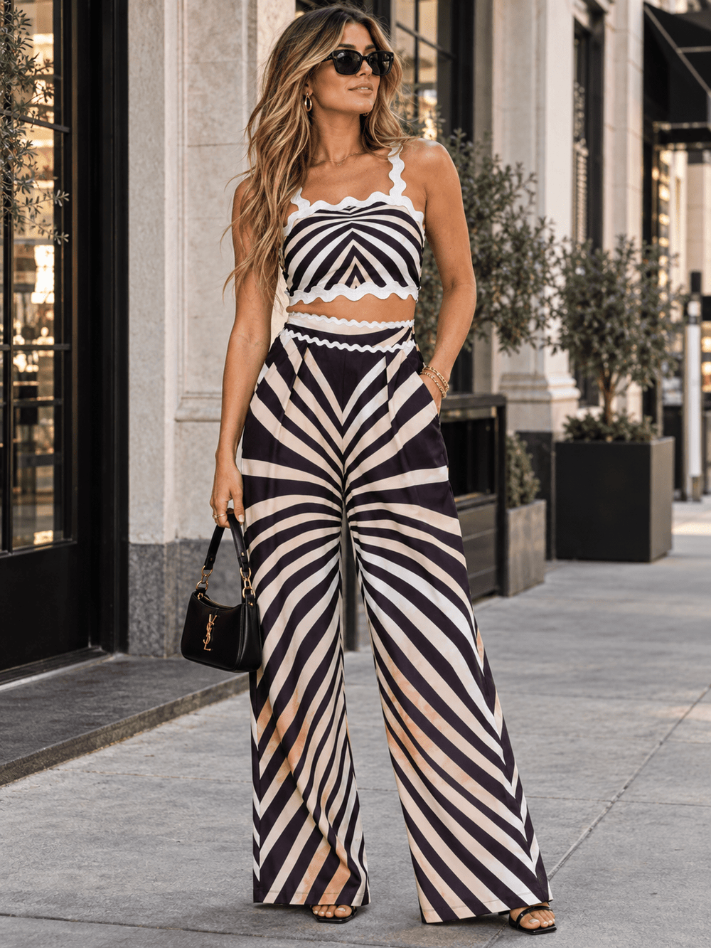 WOMEN'S SLEEVELESS SMOCK CROP TOP & ELASTIC WAIST WIDE LEG PANTS MULTI PRINT 2PC. SET