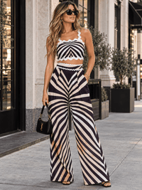 WOMEN'S SLEEVELESS SMOCK CROP TOP & ELASTIC WAIST WIDE LEG PANTS MULTI PRINT 2PC. SET