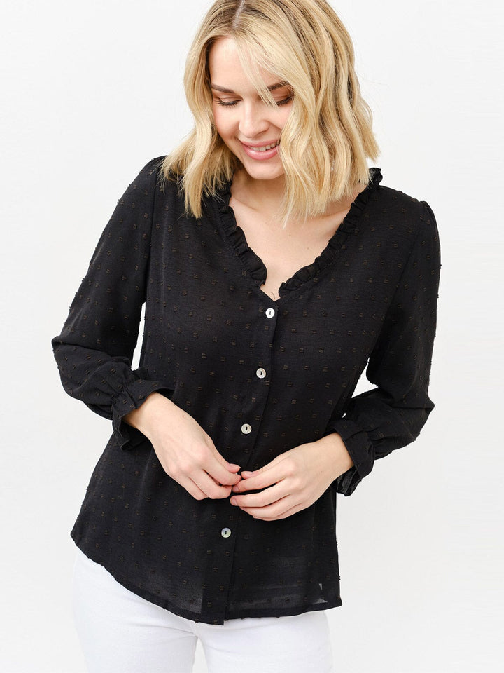 WOMEN'S LONG SLEEVE V-NECK BUTTON UP SWISS DETAILED BLOUSE