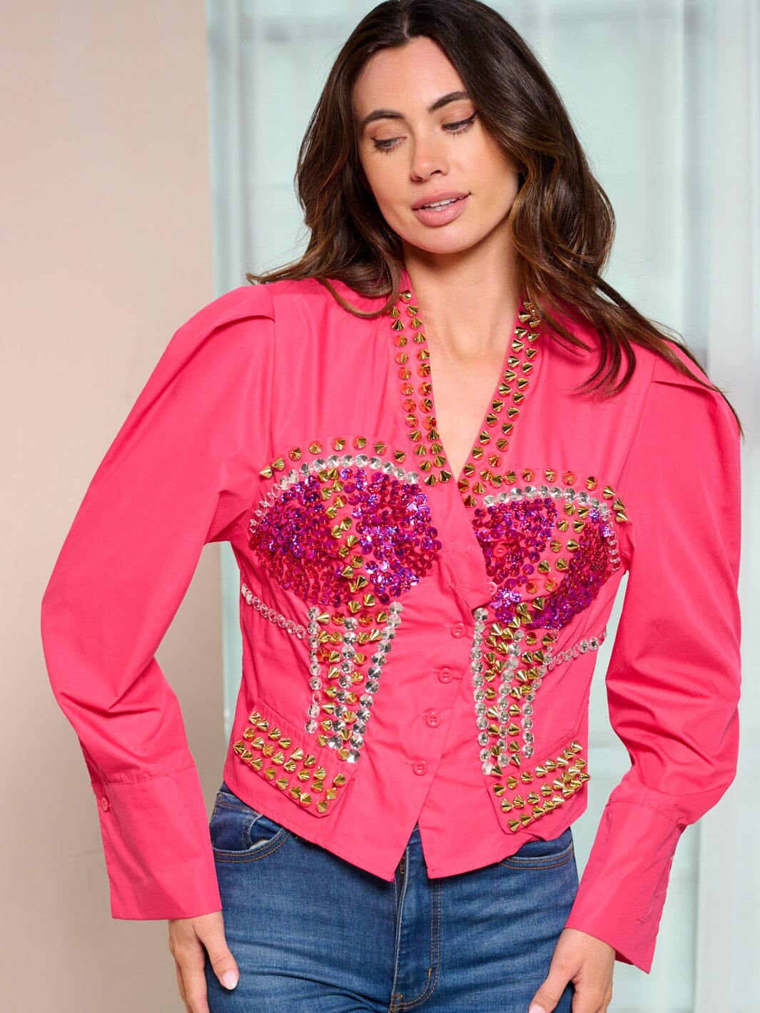 WOMEN'S LONG SLEEVE BUTTON UP SEQUINS MULTI BLOUSE TOP