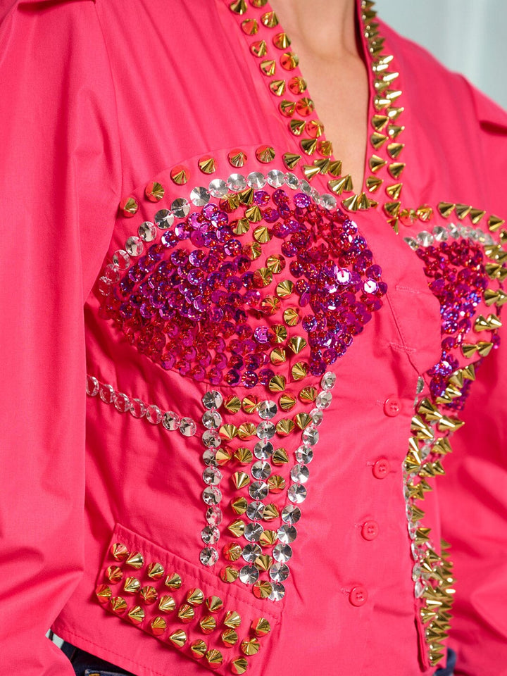 WOMEN'S LONG SLEEVE BUTTON UP SEQUINS MULTI BLOUSE TOP