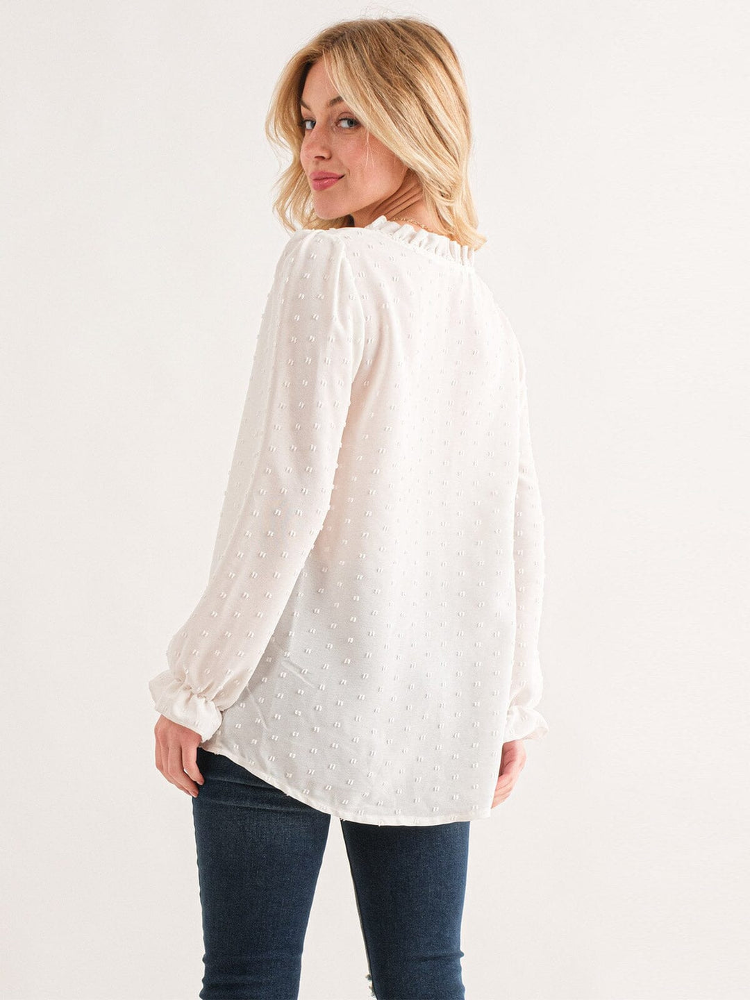 WOMEN'S LONG SLEEVE V-NECK BUTTON UP SWISS DETAILED BLOUSE