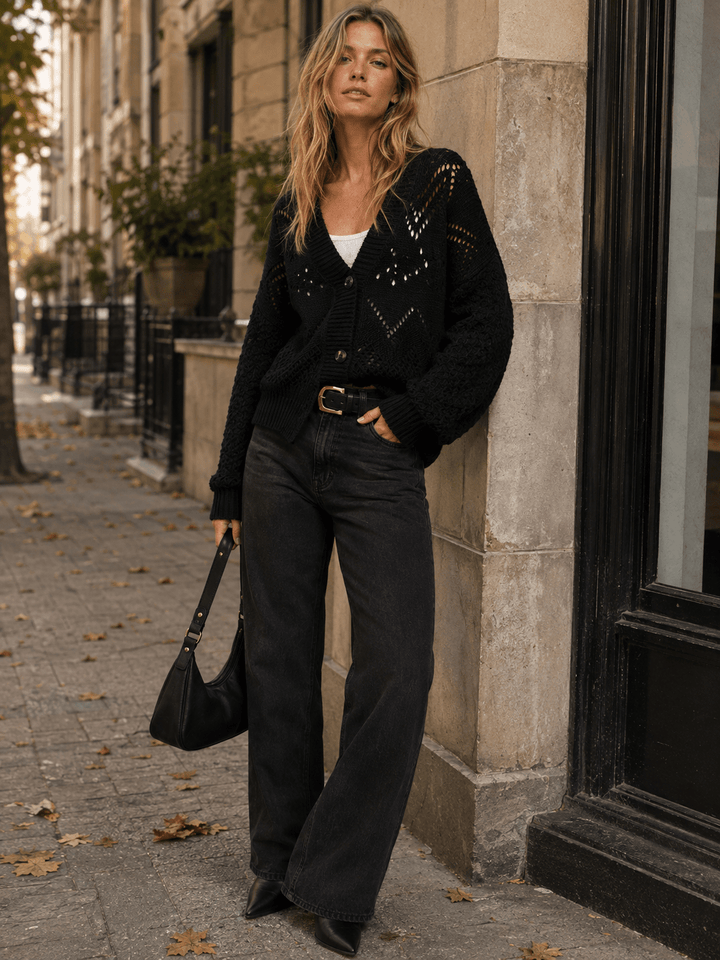 WOMEN'S LONG SLEEVE BUTTON UP V-NECK KNIT SWEATER