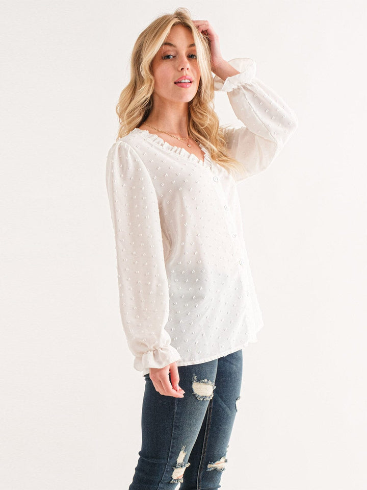 WOMEN'S LONG SLEEVE V-NECK BUTTON UP SWISS DETAILED BLOUSE