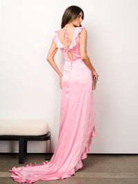 WOMEN'S SLEEVELESS RUFFLE SIDE SLIT MAXI DRESS