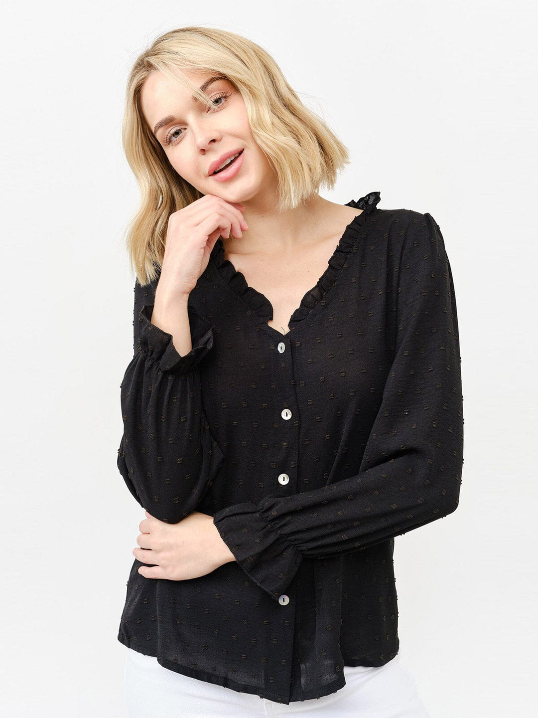 WOMEN'S LONG SLEEVE V-NECK BUTTON UP SWISS DETAILED BLOUSE