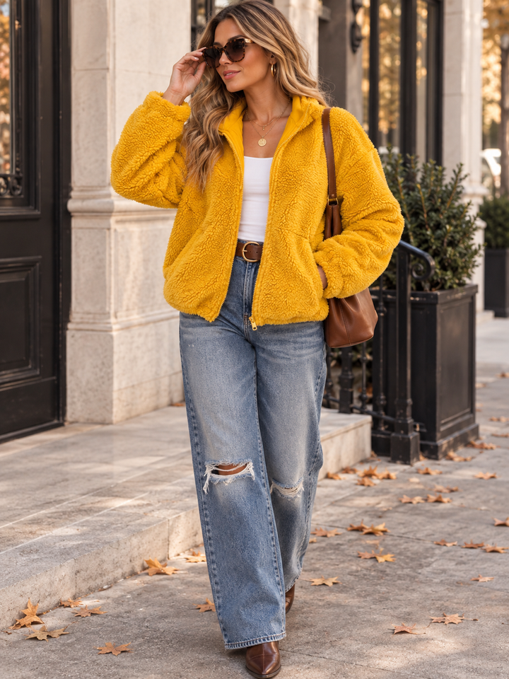 WOMEN'S LONG SLEEVE ZIPPER CLOSURE FRONT POCKETS SHERPA SWEATER