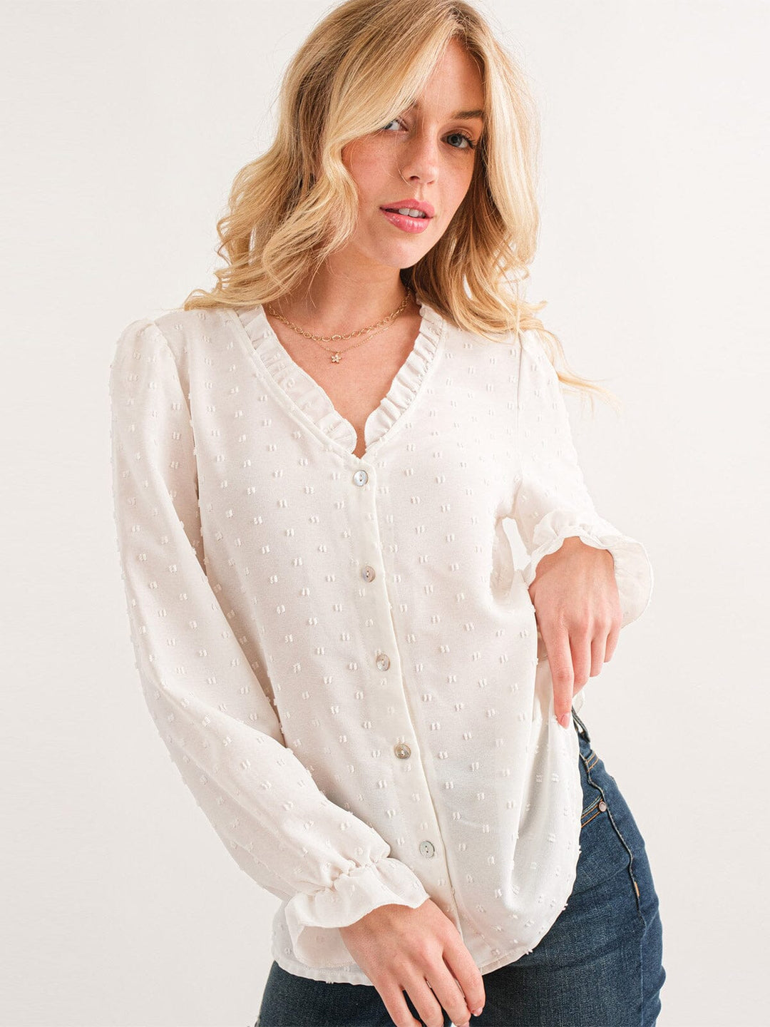 WOMEN'S LONG SLEEVE V-NECK BUTTON UP SWISS DETAILED BLOUSE