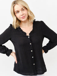 WOMEN'S LONG SLEEVE V-NECK BUTTON UP SWISS DETAILED BLOUSE