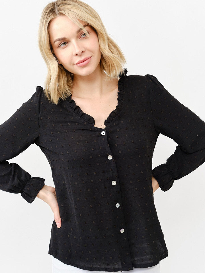 WOMEN'S LONG SLEEVE V-NECK BUTTON UP SWISS DETAILED BLOUSE