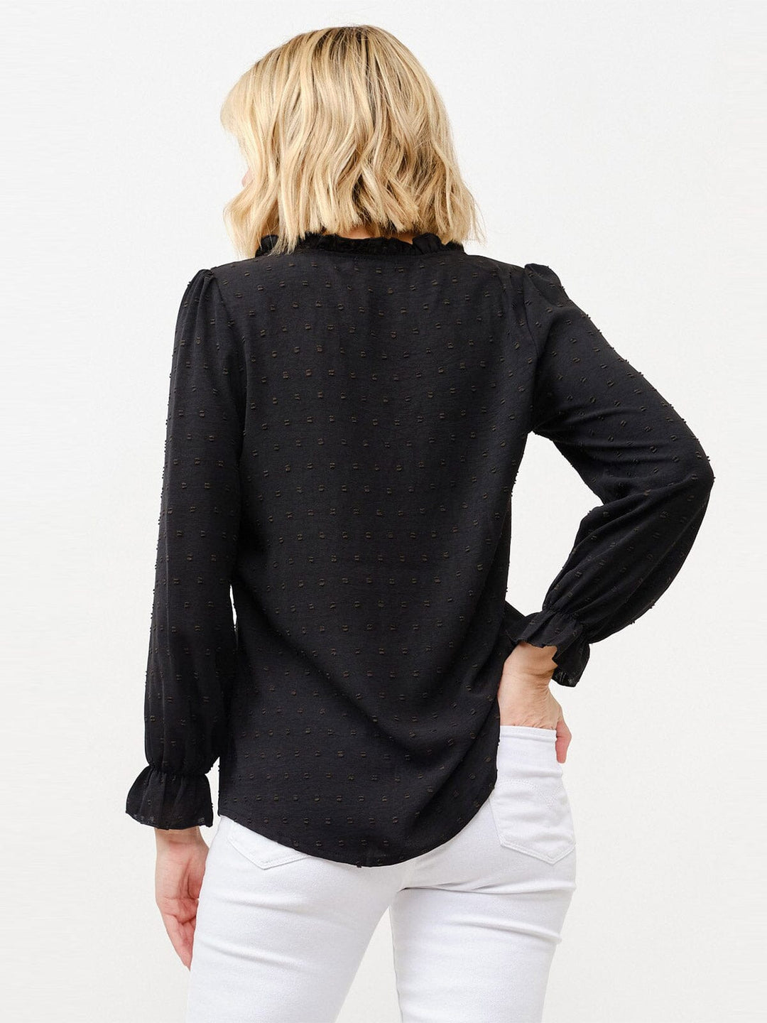 WOMEN'S LONG SLEEVE V-NECK BUTTON UP SWISS DETAILED BLOUSE