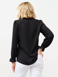 WOMEN'S LONG SLEEVE V-NECK BUTTON UP SWISS DETAILED BLOUSE