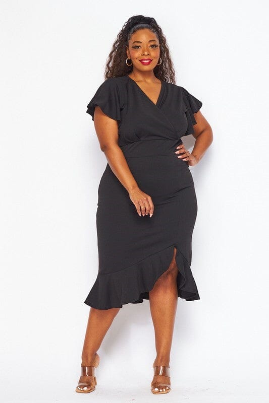 PLUS SIZE SHORTSLEEVE SURPLICE RUFFLE HEM MIDI DRESS