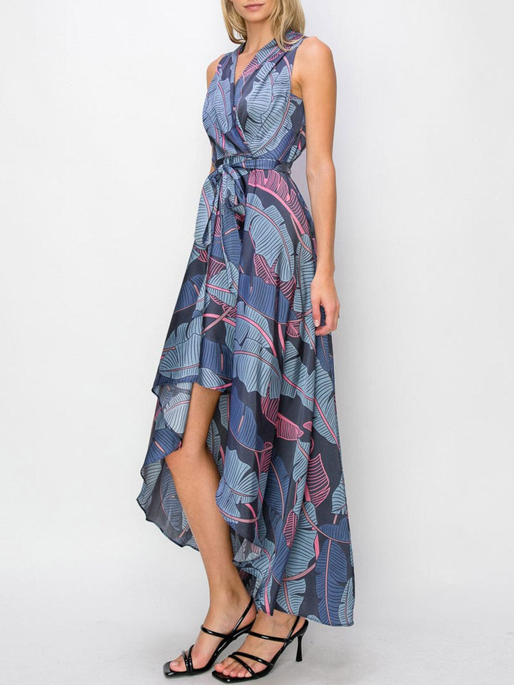 WOMEN'S SLEEVELESS LEAF PRINT SURPLICE HIGH-LOW MAXI DRESS