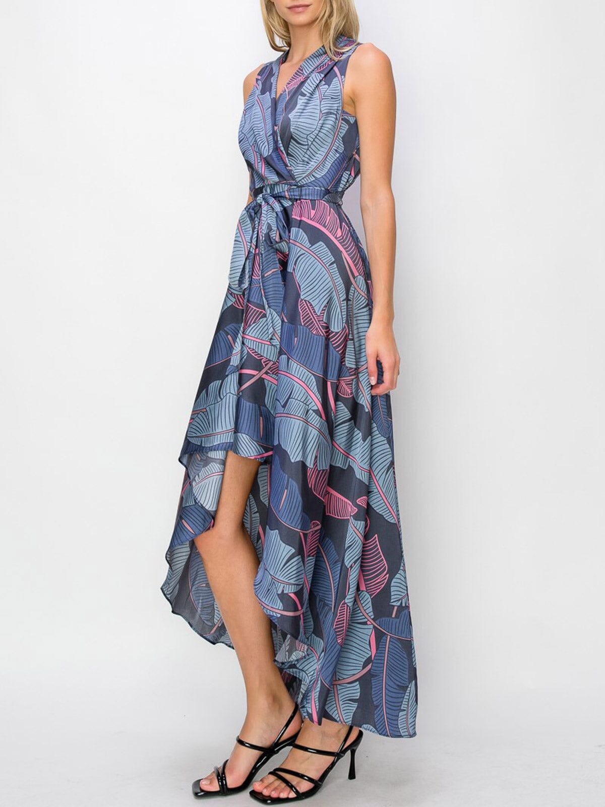 Leaves Print Ruched Sleeveless Maxi Dress main image 0