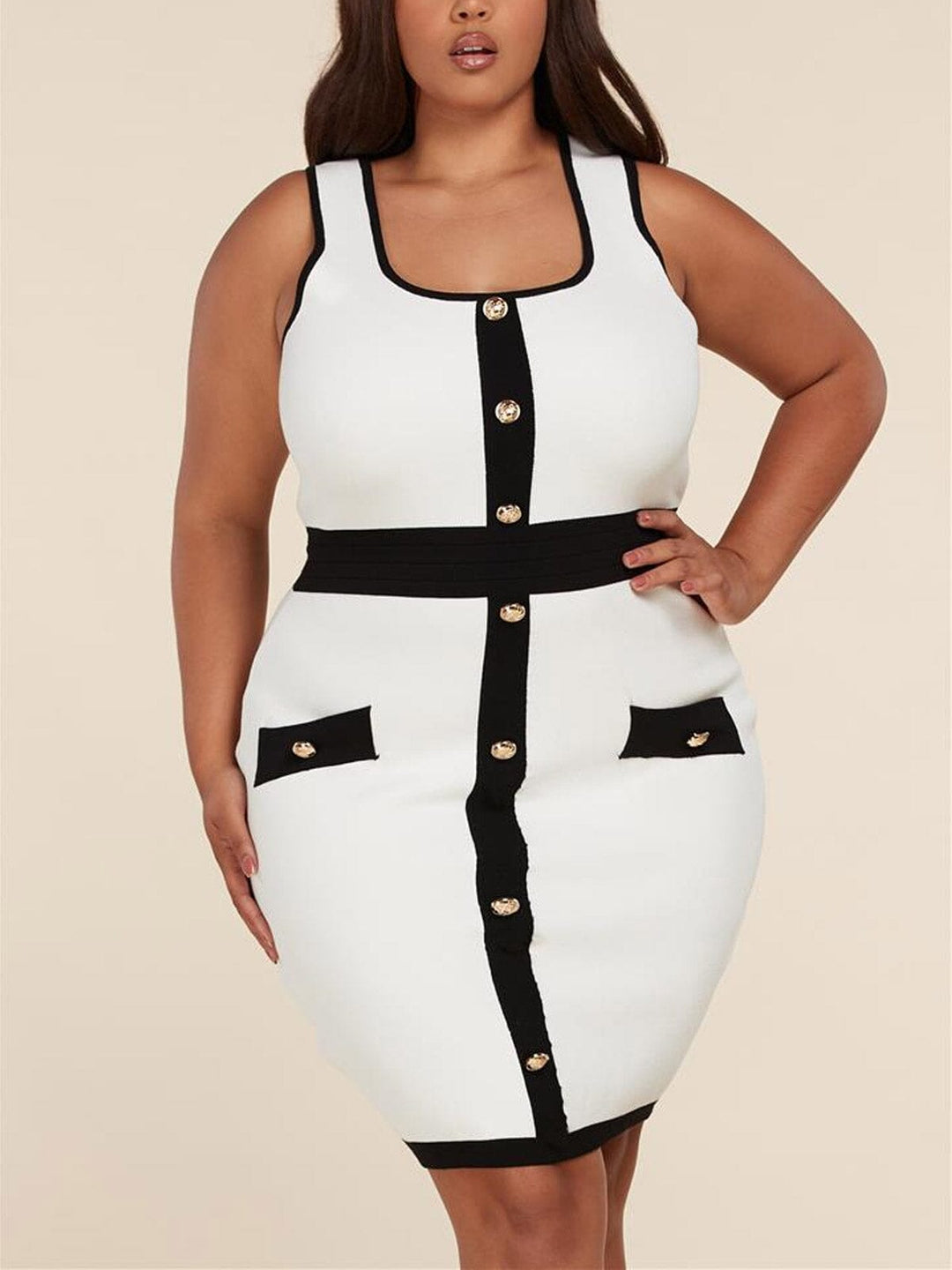 PLUS SIZE SLEEVELESS BUTTON DETAILED COLORBLOCK MINI DRESS