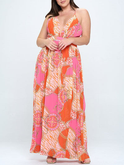 PLUS SIZE SLEEVELESS V-NECK OPEN BACK MULTI PRINT MAXI DRESS