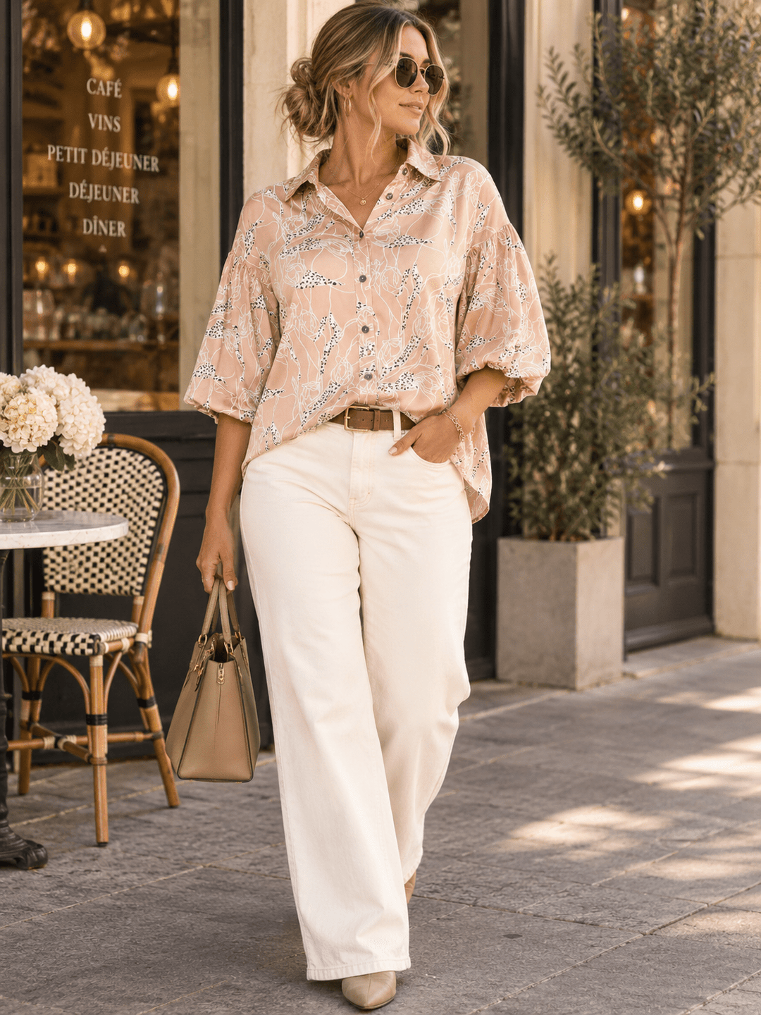 ENTRO WOMEN'S SHORT PUFF SLEEVE BUTTON UP MULTI PRINT BLOUSE