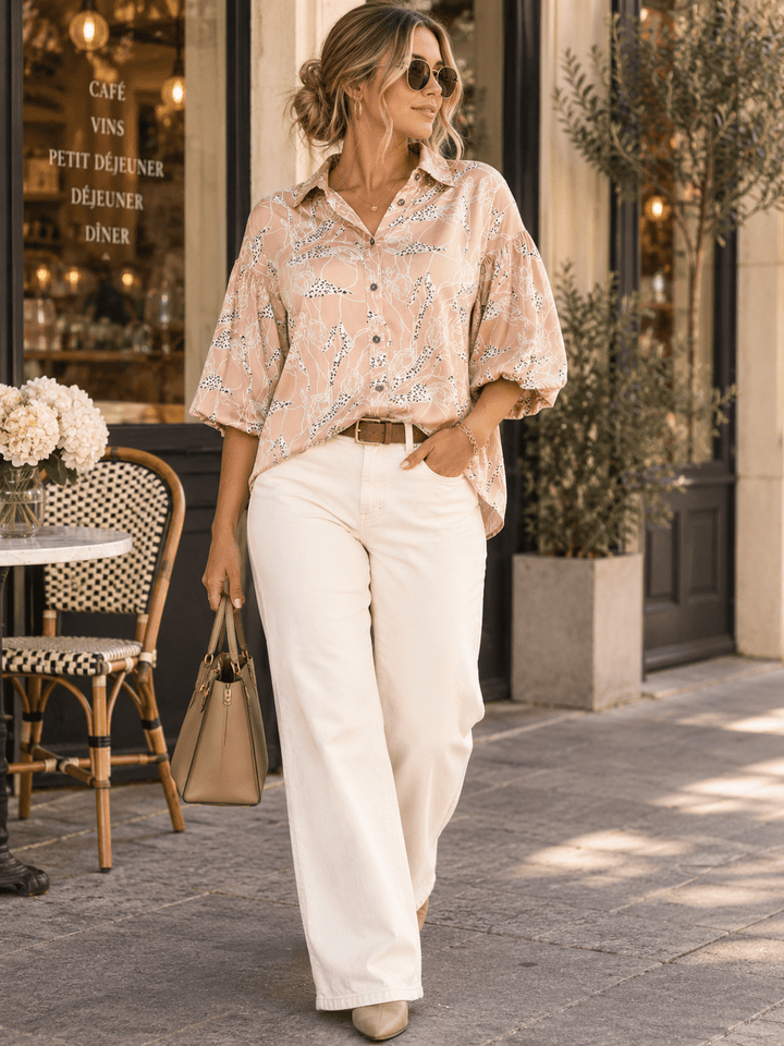 ENTRO WOMEN'S SHORT PUFF SLEEVE BUTTON UP MULTI PRINT BLOUSE
