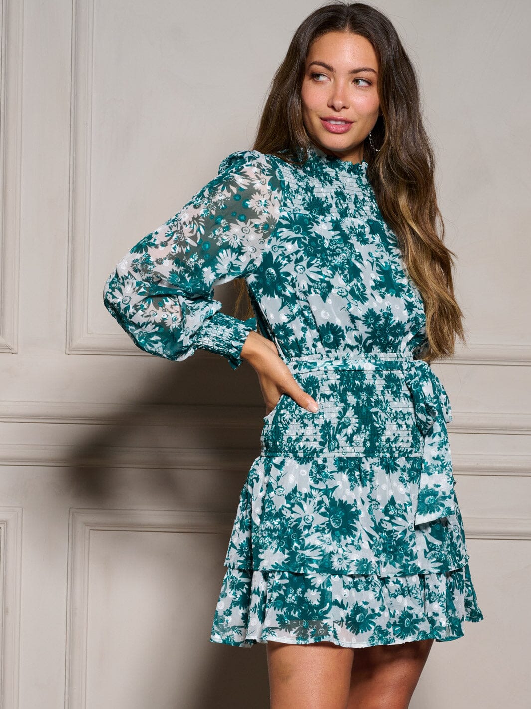 WOMEN'S LONG SLEEVE SELF TIE TIERED FLORAL MINI DRESS
