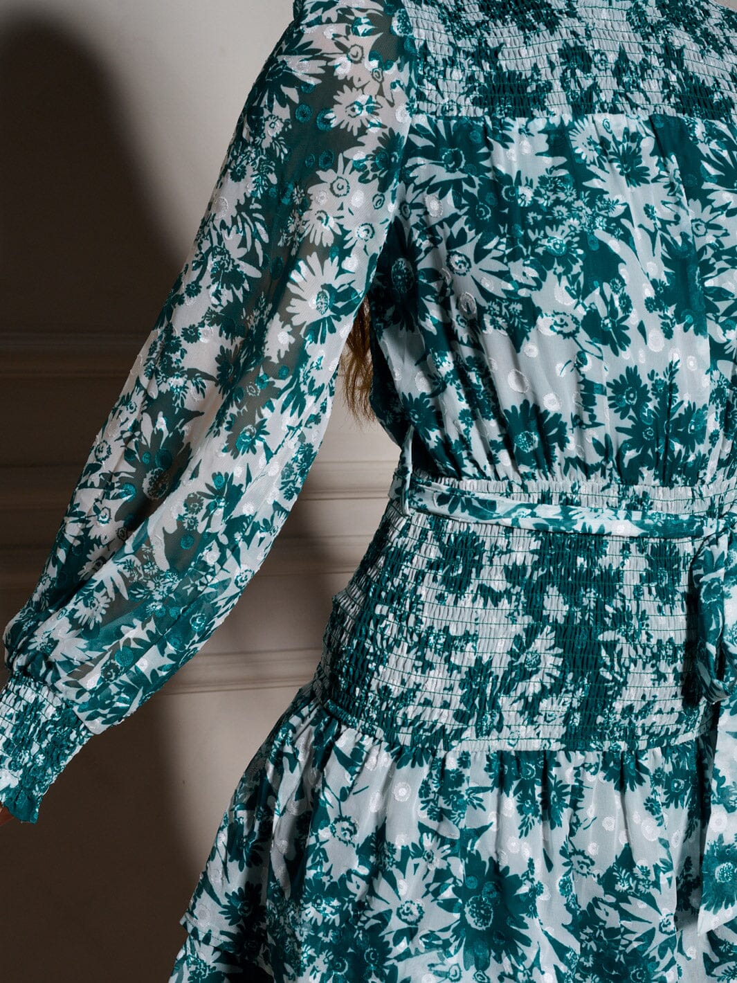WOMEN'S LONG SLEEVE SELF TIE TIERED FLORAL MINI DRESS