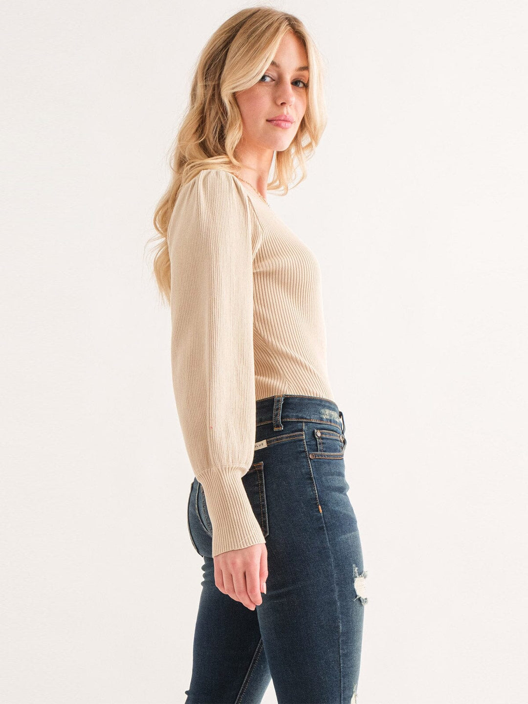 WOMEN'S LONG PUFF SLEEVE RIBBED BODYSUIT