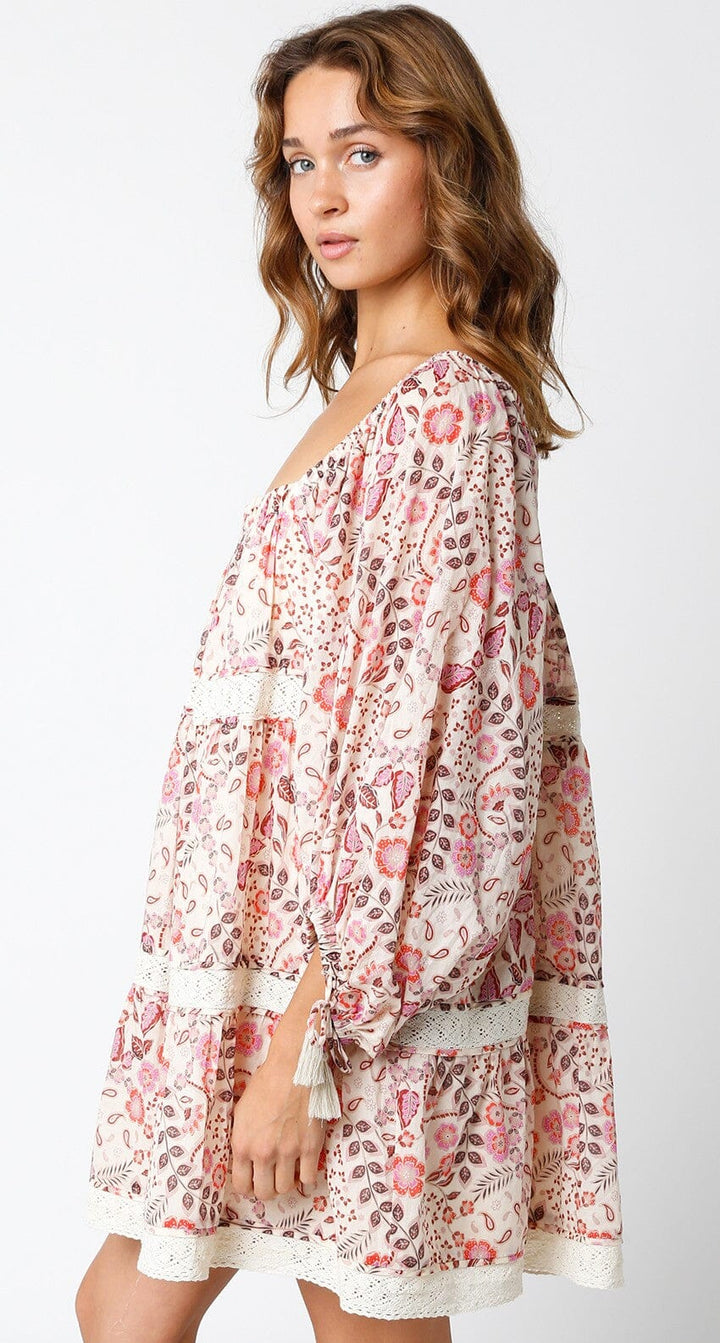 WOMEN'S LONG SLEEVE SQUARE NECK MULTI PRINT TIERED MINI DRESS