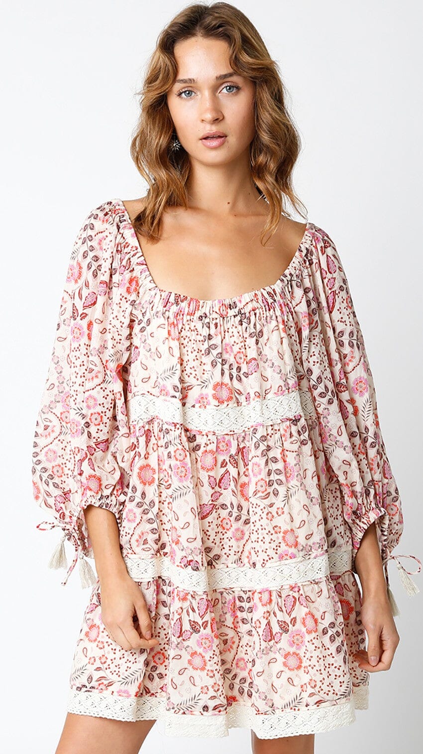 WOMEN'S LONG SLEEVE SQUARE NECK MULTI PRINT TIERED MINI DRESS
