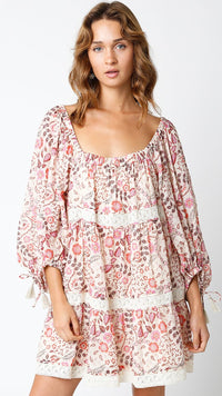 WOMEN'S LONG SLEEVE SQUARE NECK MULTI PRINT TIERED MINI DRESS