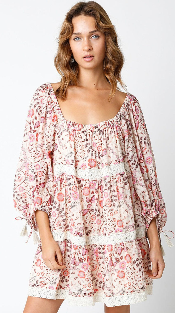 WOMEN'S LONG SLEEVE SQUARE NECK MULTI PRINT TIERED MINI DRESS