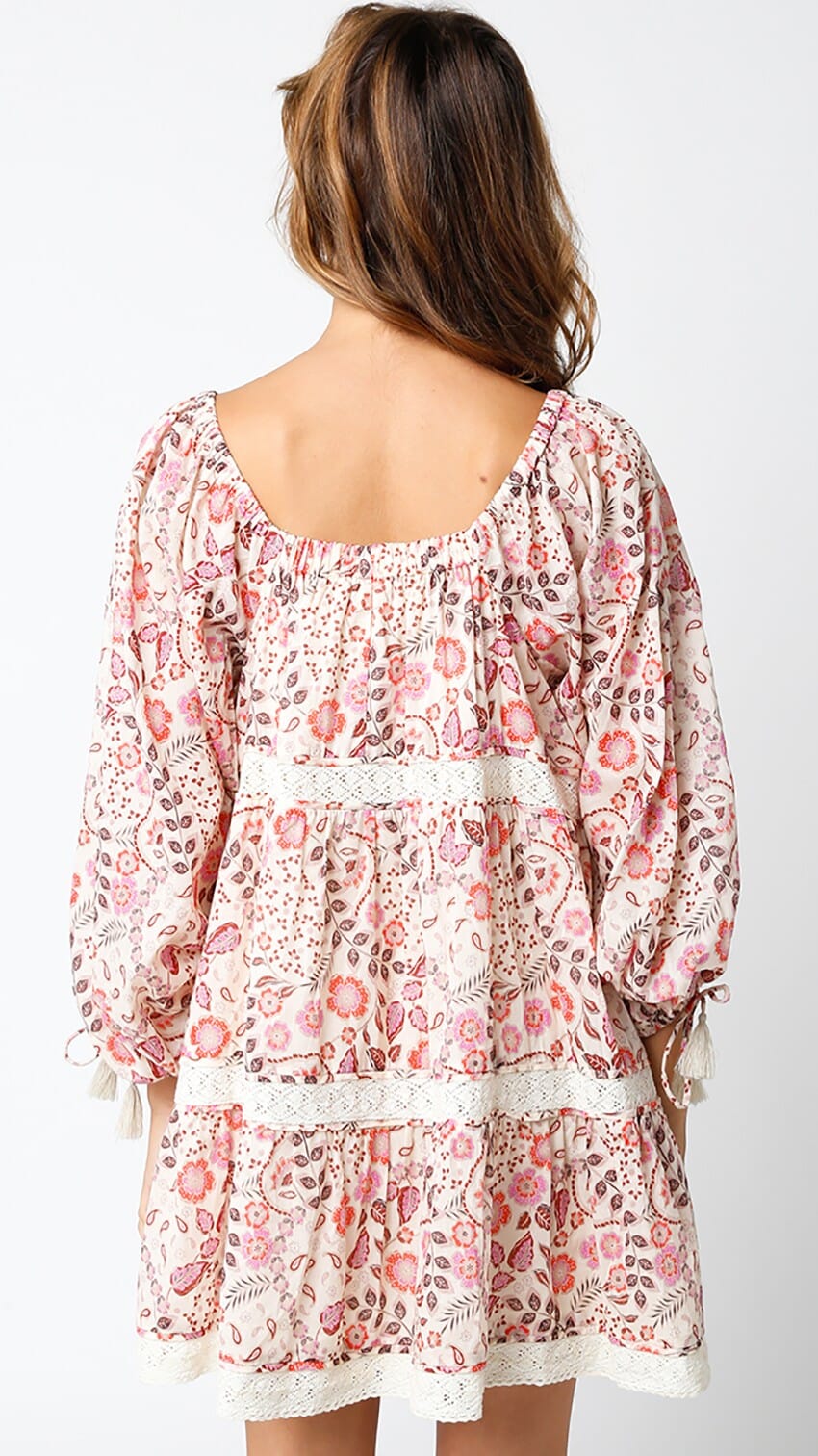WOMEN'S LONG SLEEVE SQUARE NECK MULTI PRINT TIERED MINI DRESS