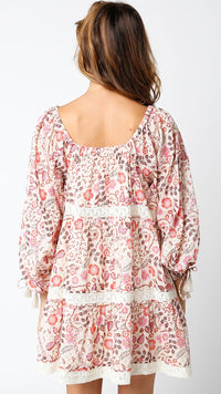WOMEN'S LONG SLEEVE SQUARE NECK MULTI PRINT TIERED MINI DRESS