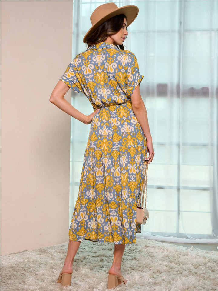 WOMEN'S SHORT SLEEVE V-NECK ELASTIC WAIST MULTI PRINT MAXI DRESS