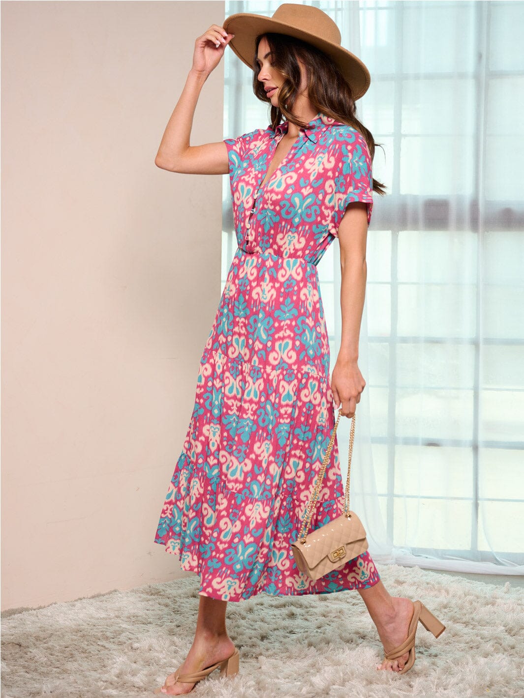 WOMEN'S SHORT SLEEVE V-NECK ELASTIC WAIST MULTI PRINT MAXI DRESS