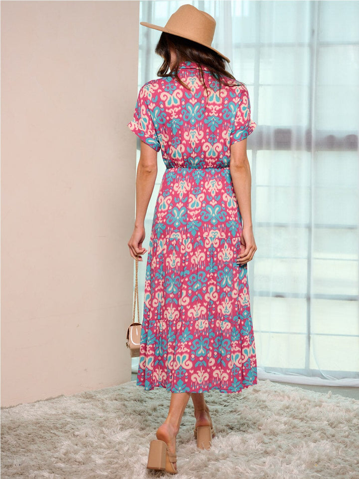 WOMEN'S SHORT SLEEVE V-NECK ELASTIC WAIST MULTI PRINT MAXI DRESS