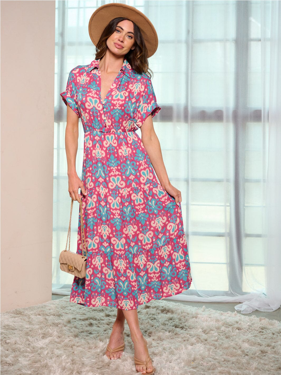 WOMEN'S SHORT SLEEVE V-NECK ELASTIC WAIST MULTI PRINT MAXI DRESS