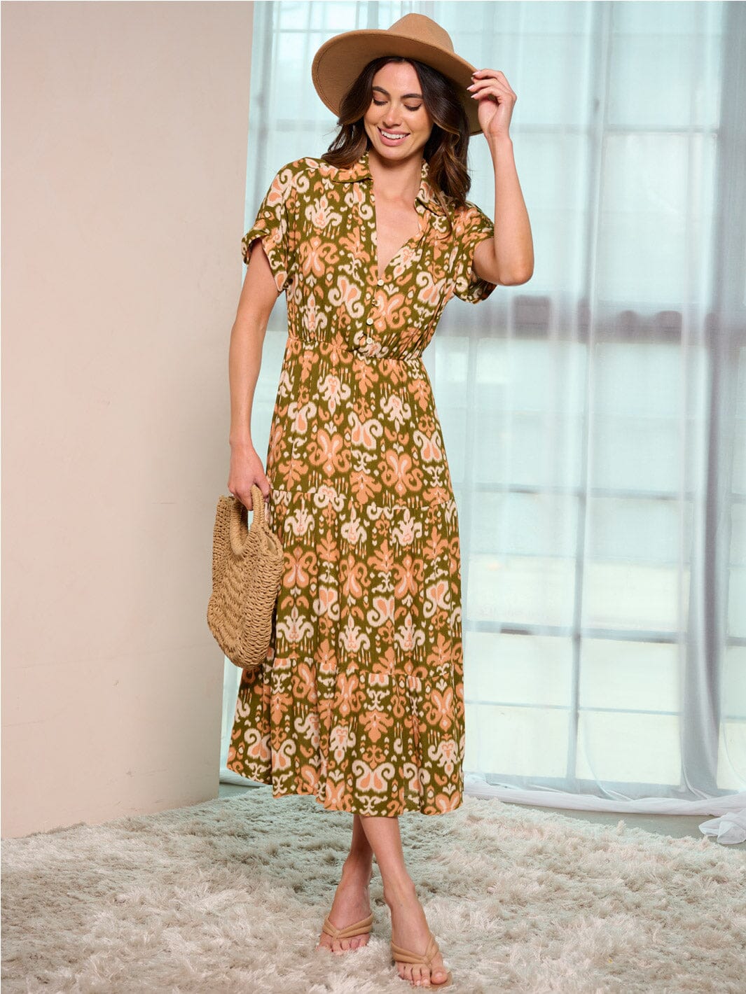 WOMEN'S SHORT SLEEVE V-NECK ELASTIC WAIST MULTI PRINT MAXI DRESS
