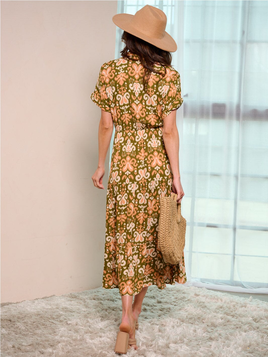 WOMEN'S SHORT SLEEVE V-NECK ELASTIC WAIST MULTI PRINT MAXI DRESS