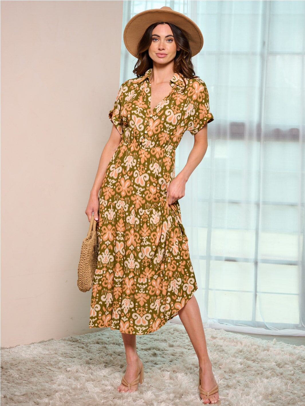 WOMEN'S SHORT SLEEVE V-NECK ELASTIC WAIST MULTI PRINT MAXI DRESS
