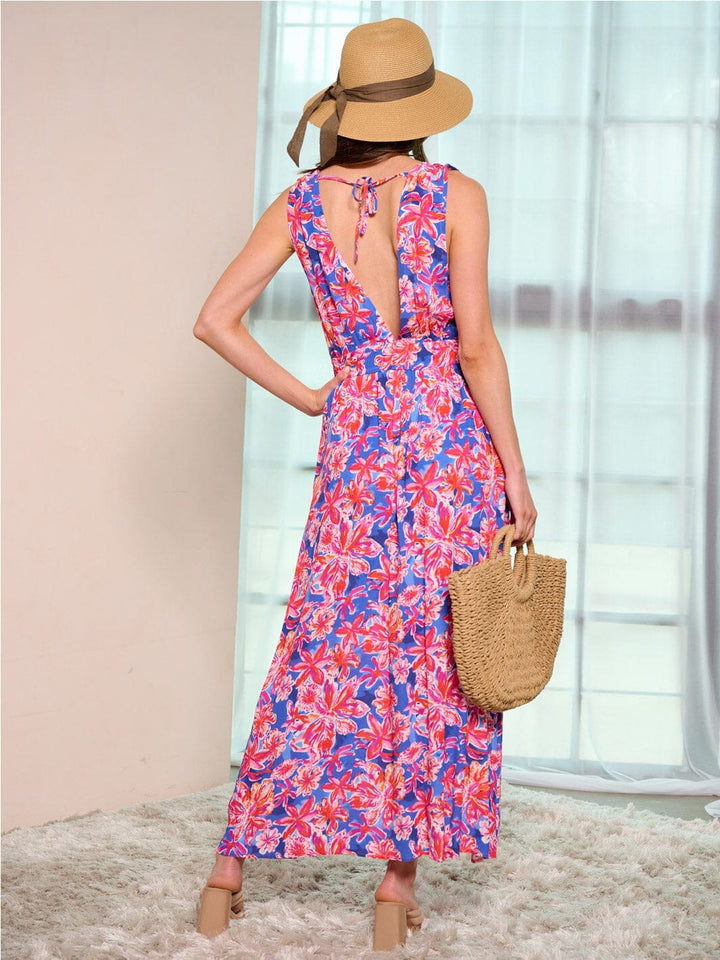 WOMEN'S SLEEVELESS V-NECK ELASTIC WAIST FLORAL MAXI DRESS