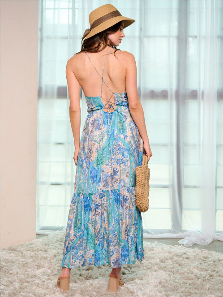 WOMEN'S SLEEVELESS NECK TIE POCKETS MULTI PRINT MAXI DRESS