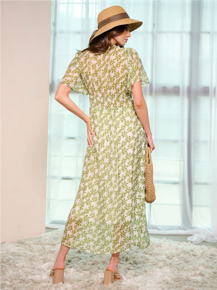 WOMEN'S SHORT SLEEVE V-NECK POCKETS FLORAL MAXI DRESS