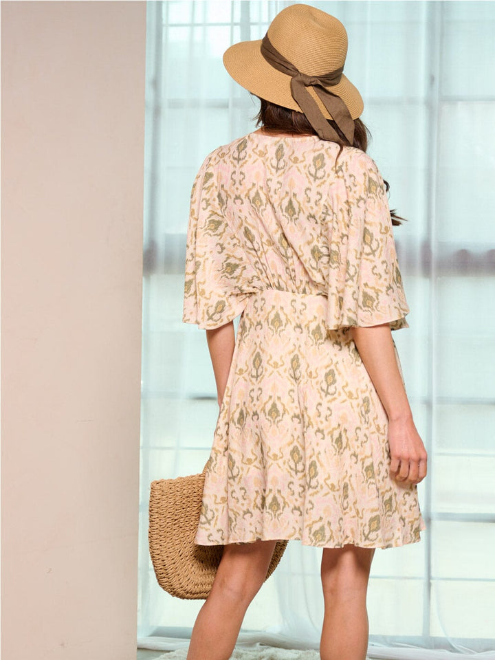 WOMEN'S SHORT SLEEVE SURPLICE MULTI PRINT MINI DRESS