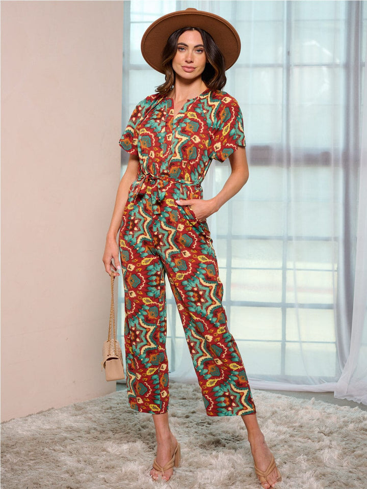 WOMEN'S SHORT SLEEVE BUTTON UP POCKETS MULTI PRINT JUMPSUIT