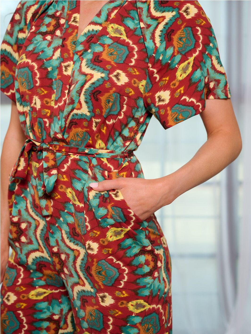 WOMEN'S SHORT SLEEVE BUTTON UP POCKETS MULTI PRINT JUMPSUIT