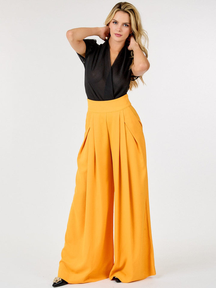 WOMEN'S ZIP UP PLEATED FRONT POCKETS WIDE LEG PANTS